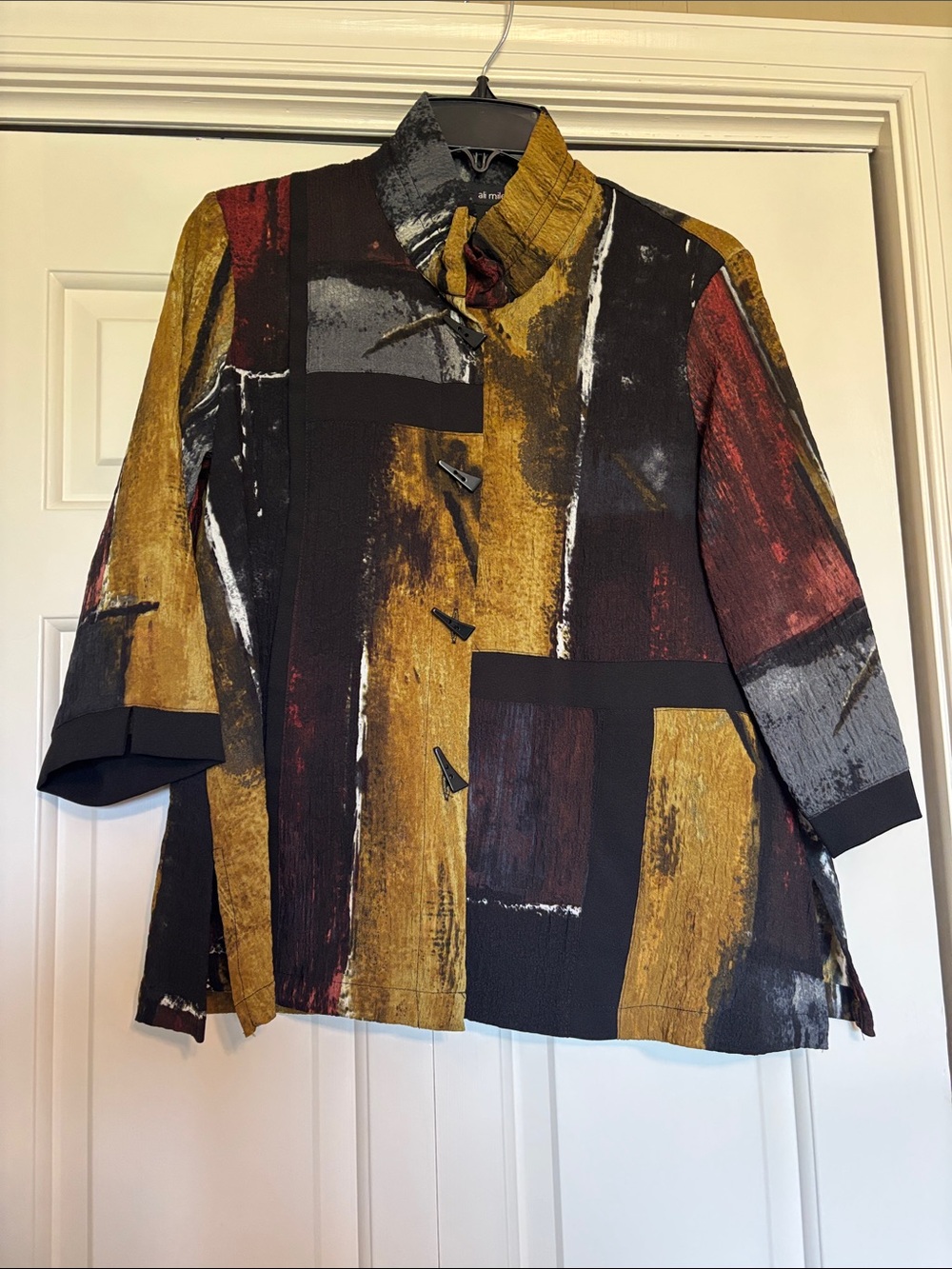 Ladies Petite Abstract Brushstroke Shirt in Mustard, Black & Rust